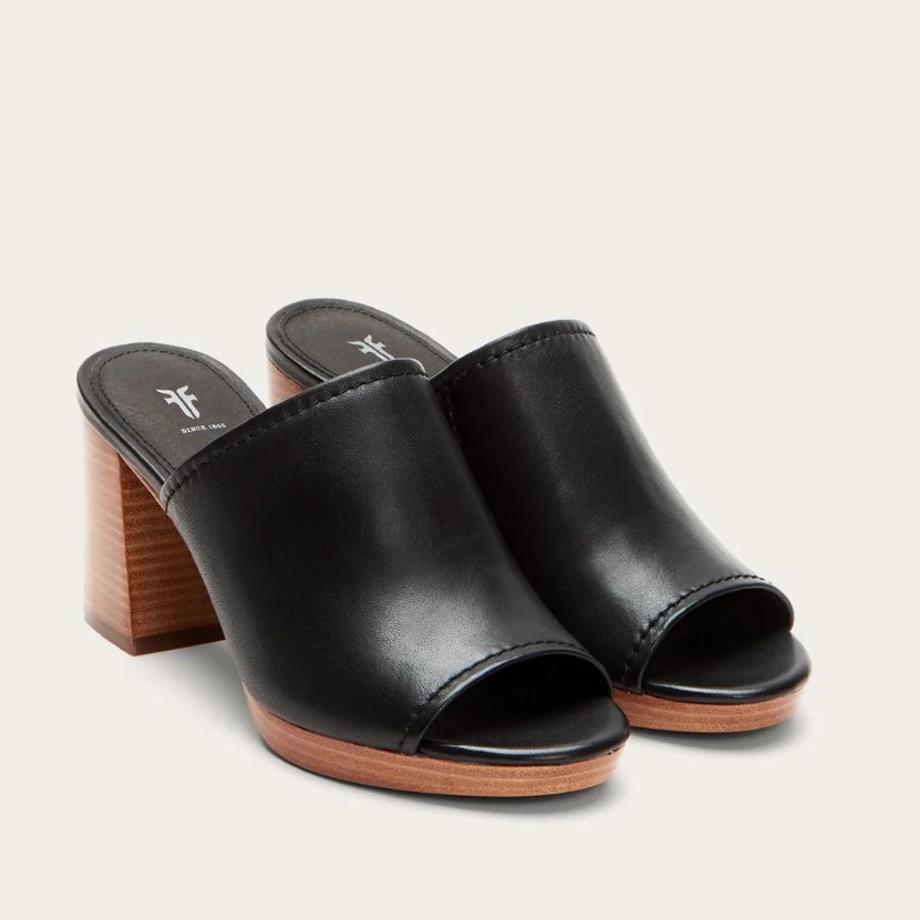 Frye Black Leather Open-Toe Mule With Brown Stacked Block Heel